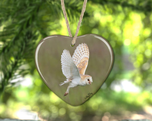 “Flying Barn Owl" Ceramic Heart Decoration"