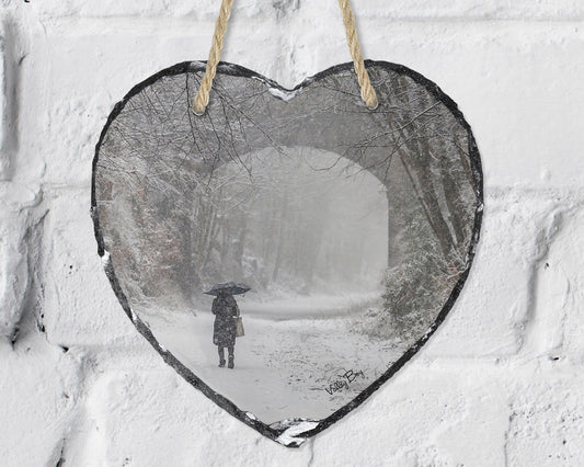 “Winter Walk Along The Trail” Heart Slate